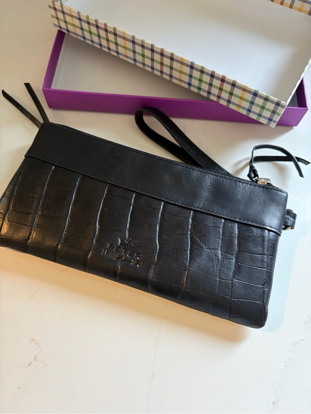 NWT RARE Peter Millar Black Crocodile Embossed Leather Wristlet Clutch